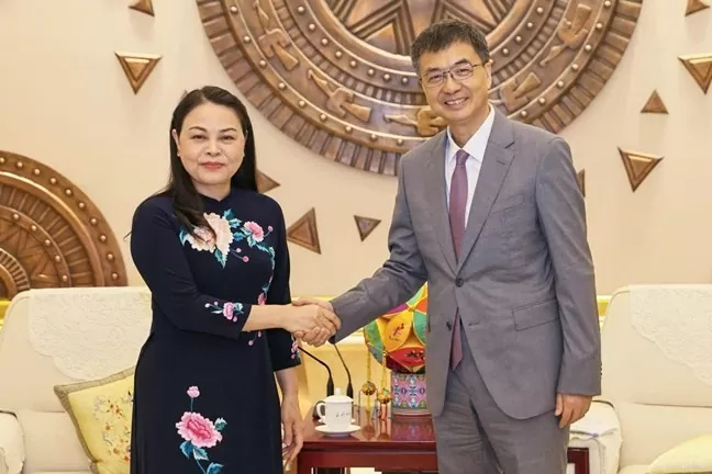 Phó Chủ tịch - Tổng Thư ký Ủy ban Trung ương Mặt trận Tổ quốc (MTTQ) Việt Nam Nguyễn Thị Thu Hà hội kiến Bí thư Khu ủy Quảng Tây, Trung Quốc. Ảnh: Quang Vinh